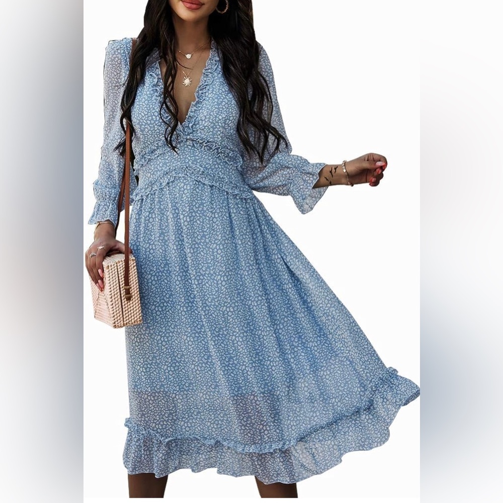 Ruffle Chiffon V Neck Dress